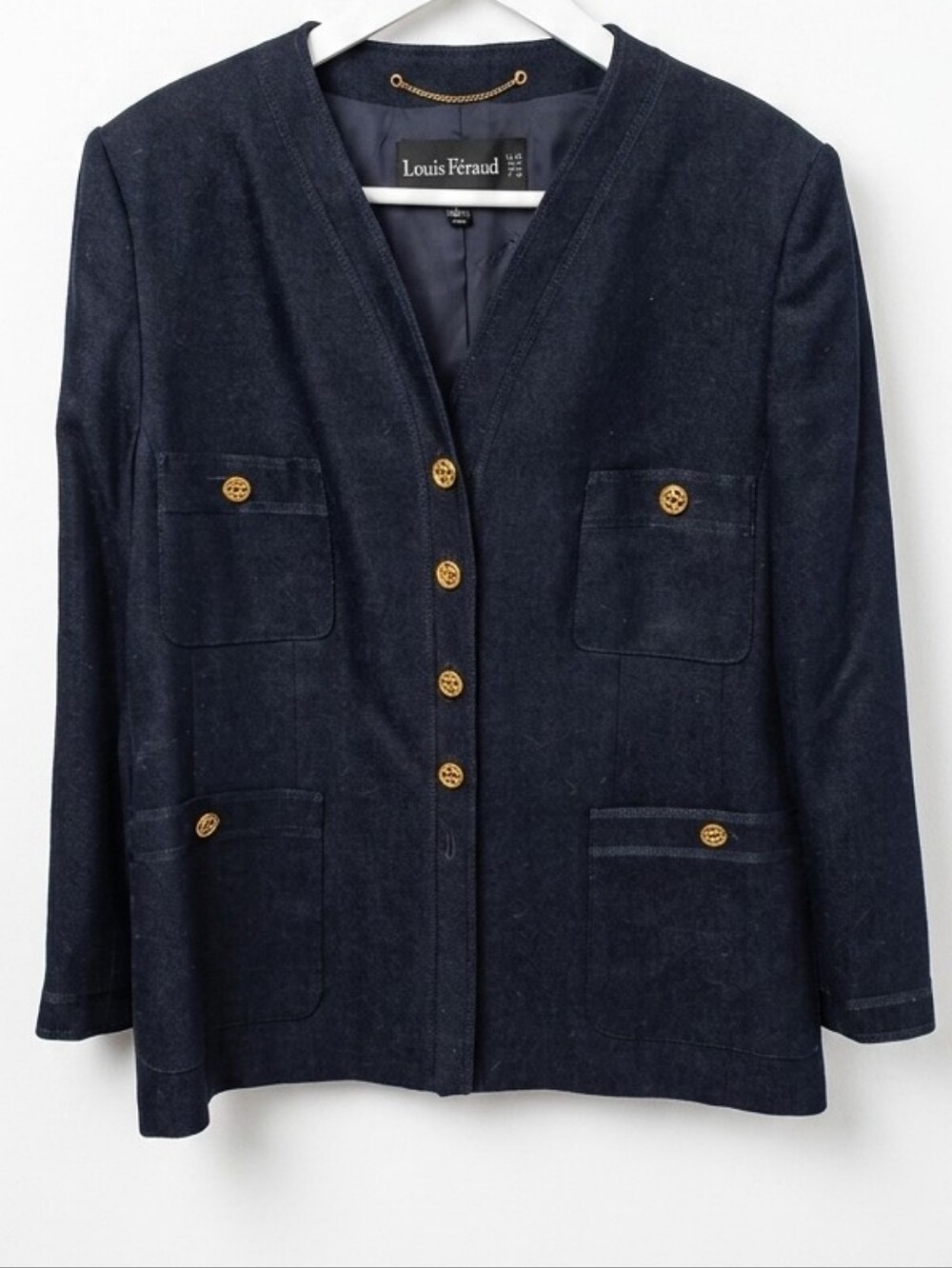 Vintage LOUIS FÉRAUD Navy Wool Collarless Blazer Jacket Gold Logo Buttons Sz 14